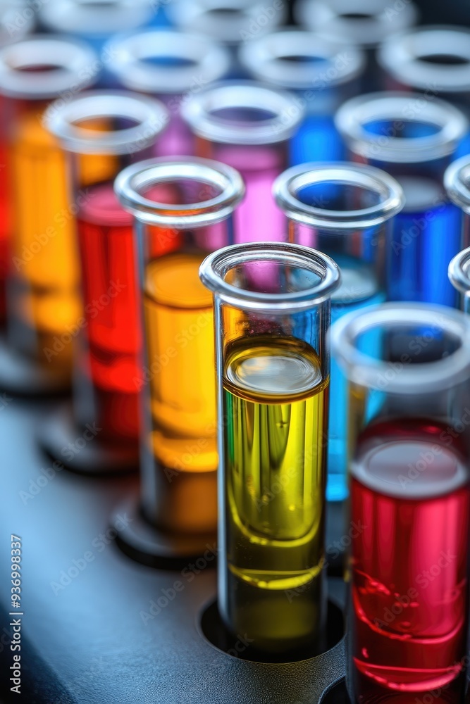 Closeup of colorful liquids in test tubes. A colorful scientific image that can be used to illustrate topics like research, chemistry, and experimentation. Closeup of colorful liquids in test tubes. A colorful scientific image that can be used to illustrate topics like research, chemistry, and experimentation.