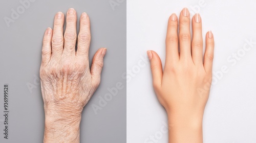 Before and After: Hand with wrinkles vs youthful skin. A split image illustrating the difference between aging skin and youthful skin. Perfect for beauty, anti-aging, and skincare products. 