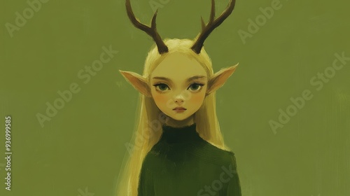 A very beautiful elf girlwearing a beautiful dressA very beautiful elf girla human deer elf with antlers on her headThe upper body is human and the lower body is deerThe lower body is a deer completel photo