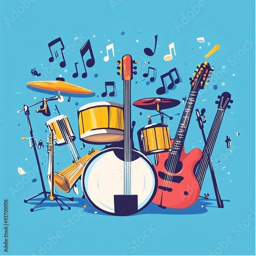 happy world music day and musical instruments with blue background. vector illustration design.generative ai