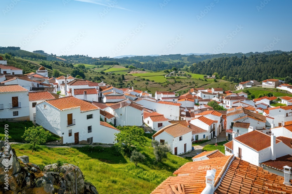 photograph of the town center of Car<Pathos in spain, white and orange roofed houses on hillsides photograph of the town center of Car<Pathos in spain, white and orange roofed houses on hillsides
