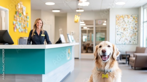 Golden Retriever Greets You at the Vet: A happy Golden Retriever awaits its appointment at a modern, bright veterinary clinic, while a friendly receptionist smiles in the background.
