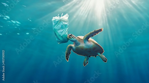 A Sea Turtle's Mistaken Meal: A poignant portrayal of ocean pollution as a sea turtle unknowingly approaches a discarded plastic bag, mistaking it for food. photo