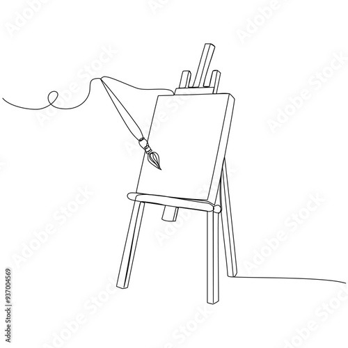 Continuous one line drawing of easel and paint brush. Vector illustration on isolated 