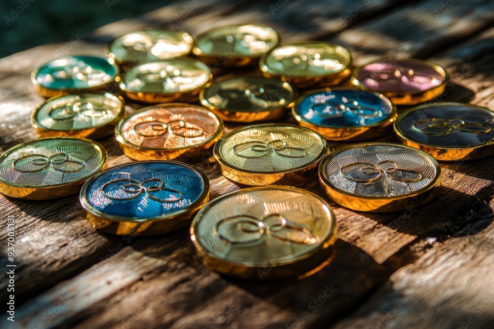 Olympic medals displayed on a soft, textured fabric, with the lighting accentuating the metallic sheen and detailed designs Olympic medals displayed on a soft, textured fabric, with the lighting accentuating the metallic sheen and detailed designs