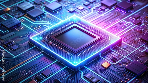 Wallpaper Mural Circuit board with central square chip illuminated by blue and purple lights, representing technology and electronics hardware Torontodigital.ca
