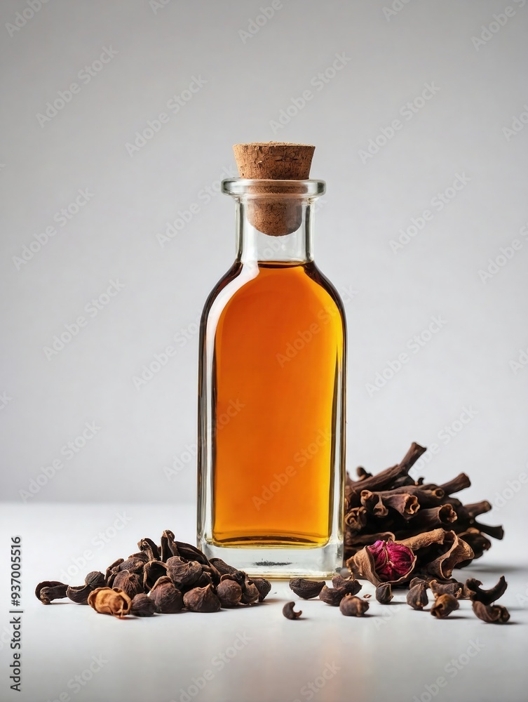 A glass bottle of clove oil is placed beside a small cluster of whole cloves and a dried clove flower A glass bottle of clove oil is placed beside a small cluster of whole cloves and a dried clove flower