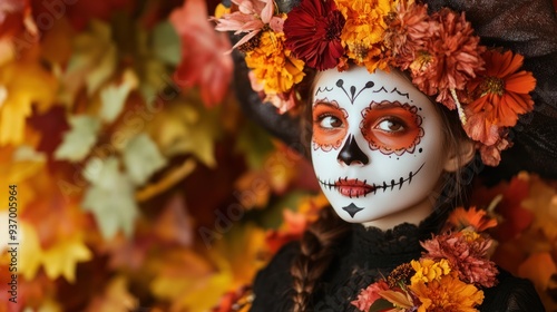 A girl with a flower headdress and a white face with black