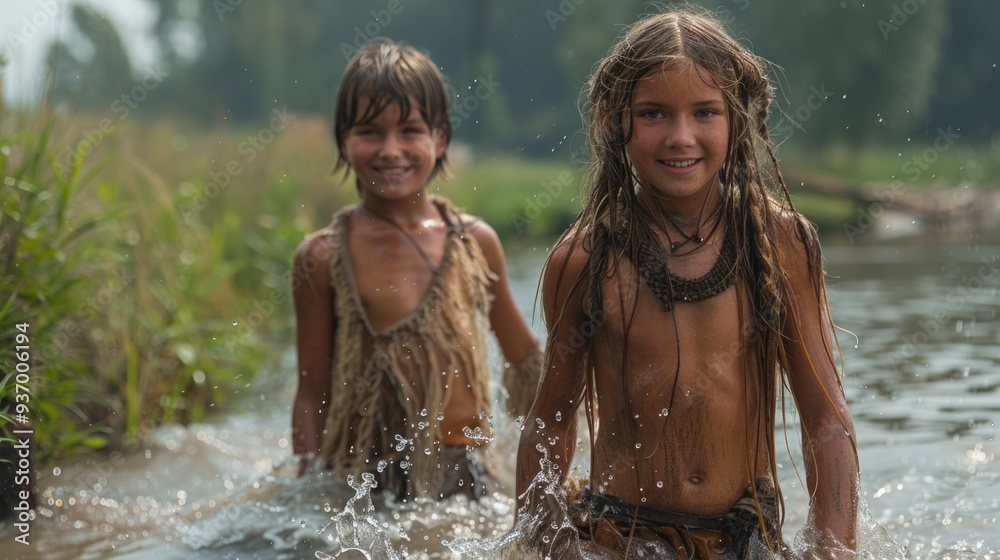 Obraz premium Saga of youth - viking children embracing lifestyle of their ancestors, delving into customs, activities, rich cultural heritage that molds spirited lives of these historic young warriors.