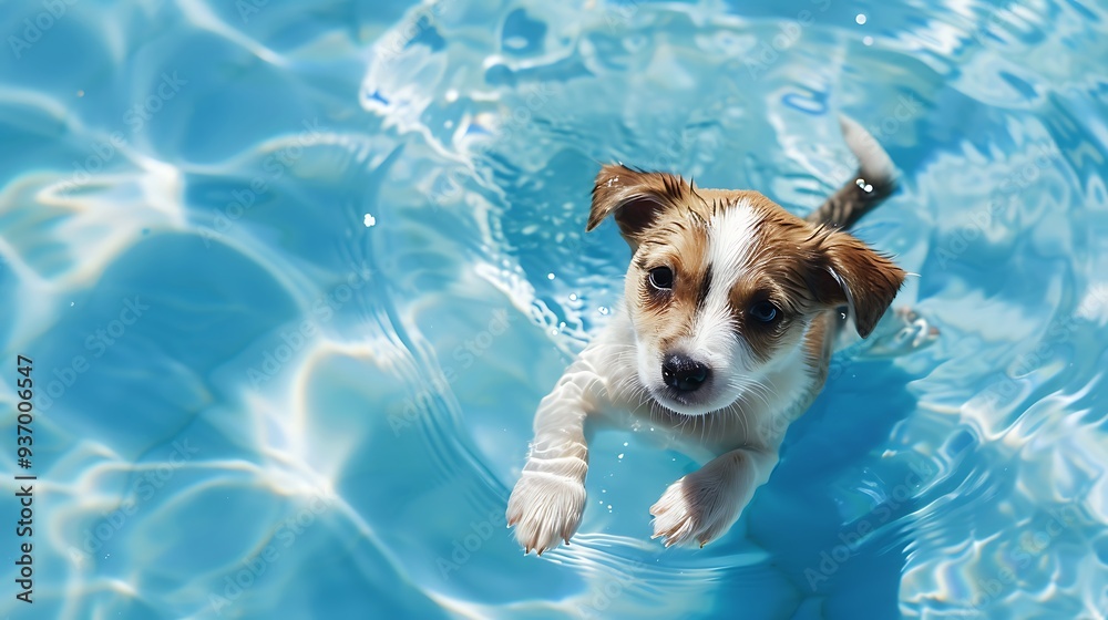 floating cute puppy dog in the blue water of a swimming pool floating cute puppy dog in the blue water of a swimming pool