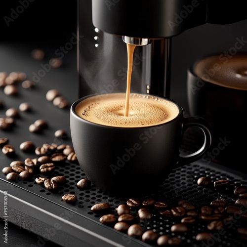 Obraz na płótnie Contemporary Coffee Bliss - Modern coffee machine filling black cup with steaming fresh coffee amidst coffee beans for an energizing moment w salonie
