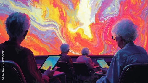 Elderly People Using Tablets in Front of Abstract Colorful Artwork