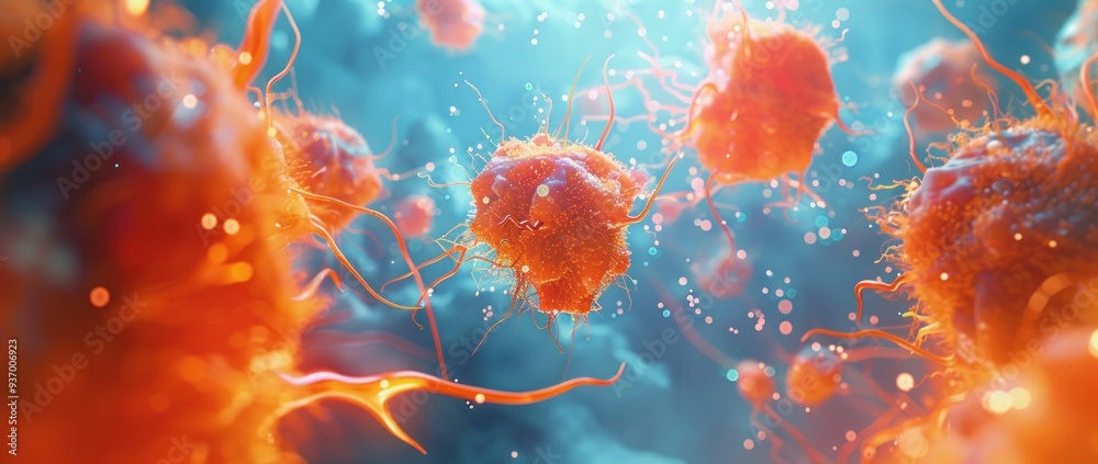 Cancer cells in vibrant orange and blue background with water droplets, medical research and treatment concept