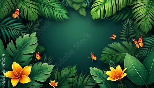 Vibrant Tropical Foliage Background with Butterflies
