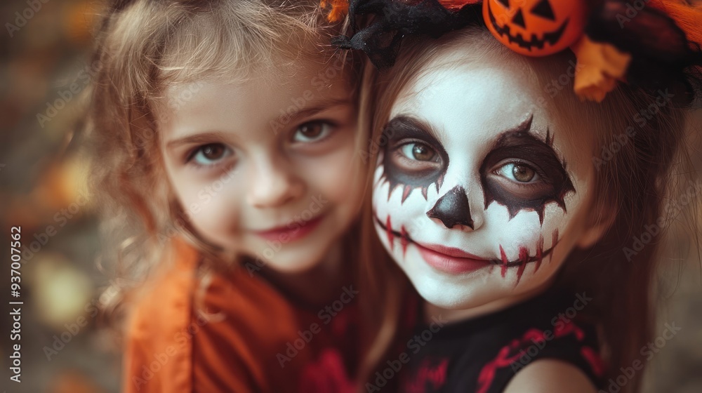 A girl with a skull painted on her face and a flower headband A girl with a skull painted on her face and a flower headband