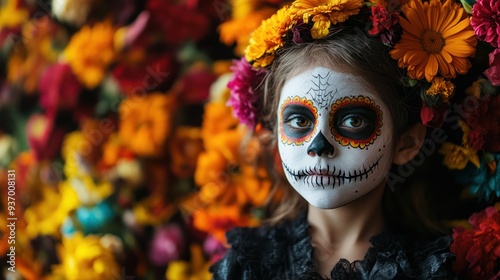 A girl with a skeleton face painted on her face is surrounded by flowers