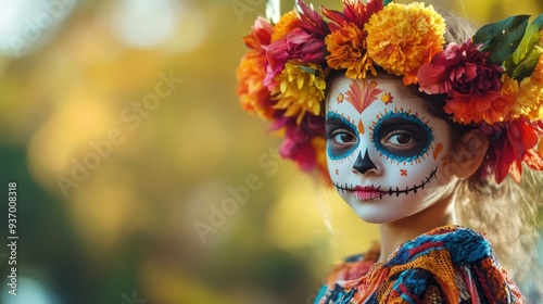 A girl with a flower headdress and a skeleton face paint