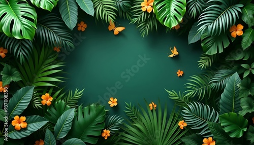 Vibrant Tropical Foliage Background with Butterflies