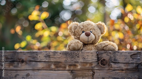 fluffy plush teddy bear overside wooden board photo