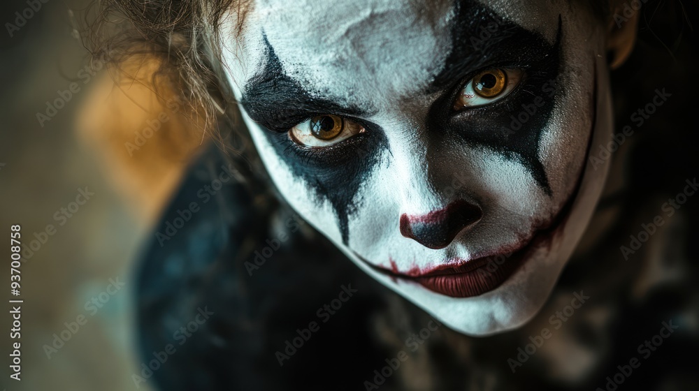 A girl with black and white face paint and red lips A girl with black and white face paint and red lips