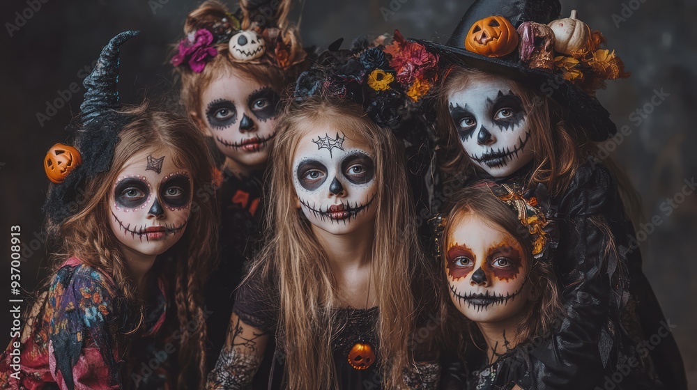 A group of children with Halloween makeup on their faces A group of children with Halloween makeup on their faces