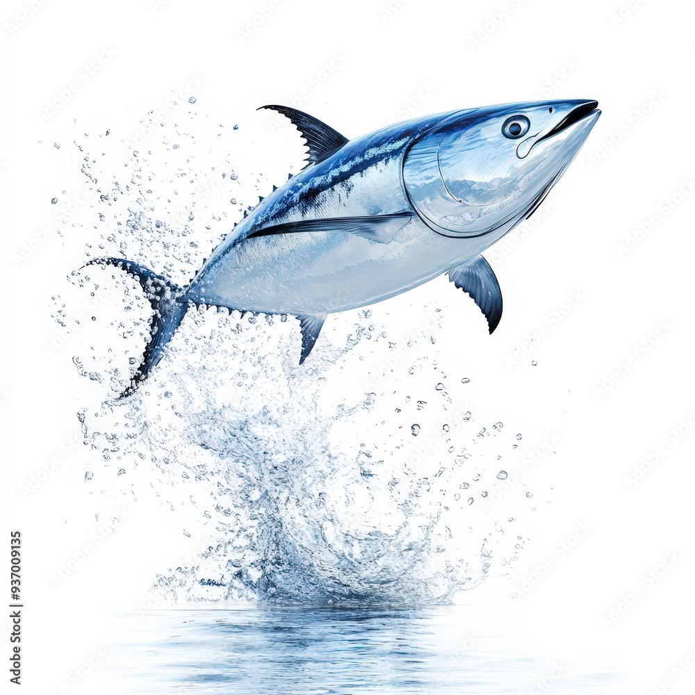Energetic Tuna Fish Leaping from Water on White Background - AI Generated Image Energetic Tuna Fish Leaping from Water on White Background - AI Generated Image