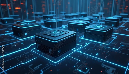 Futuristic Data Blocks in a High-Tech Network Grid with Blue LED Lights
