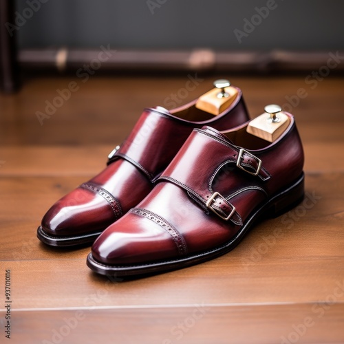 Elegant Burgundy Leather Monk Strap Dress Shoes on Wooden Floor - Perfect for Formal Occasions and Stylish Office Wear photo