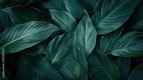 The leaves of Spathiphyllum cannifolium, abstract dark green surface, natural background, tropical leaves , ai