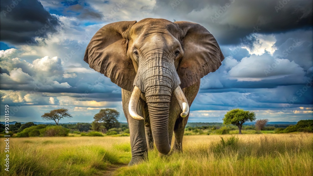 Fototapeta premium Majestic and powerful elephant standing in the wild, showcasing its enormous size and ivory tusks