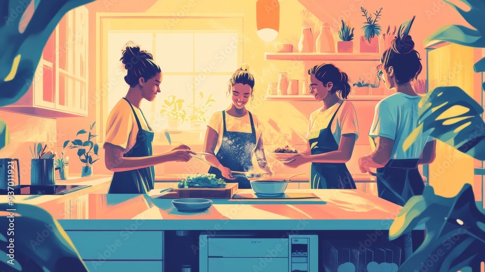 Friends Cooking Together in a Modern Kitchen Friends Cooking Together in a Modern Kitchen
