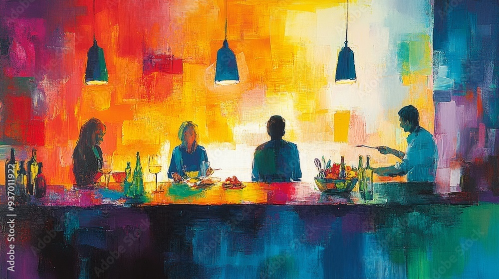 Abstract Painting of People Dining in a Restaurant with Colorful Lights Abstract Painting of People Dining in a Restaurant with Colorful Lights