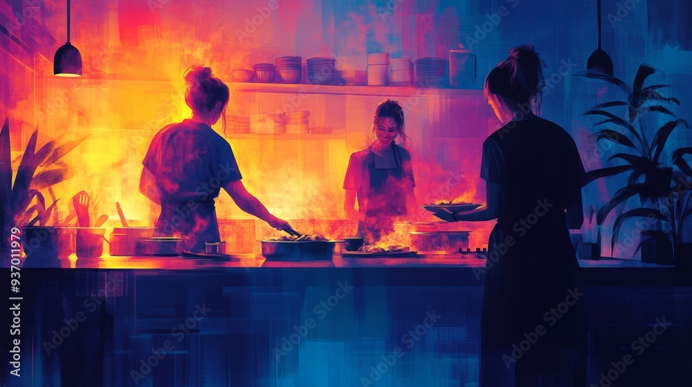 Women Cooking in Kitchen with Warm Lighting and Colorful Artwork Women Cooking in Kitchen with Warm Lighting and Colorful Artwork