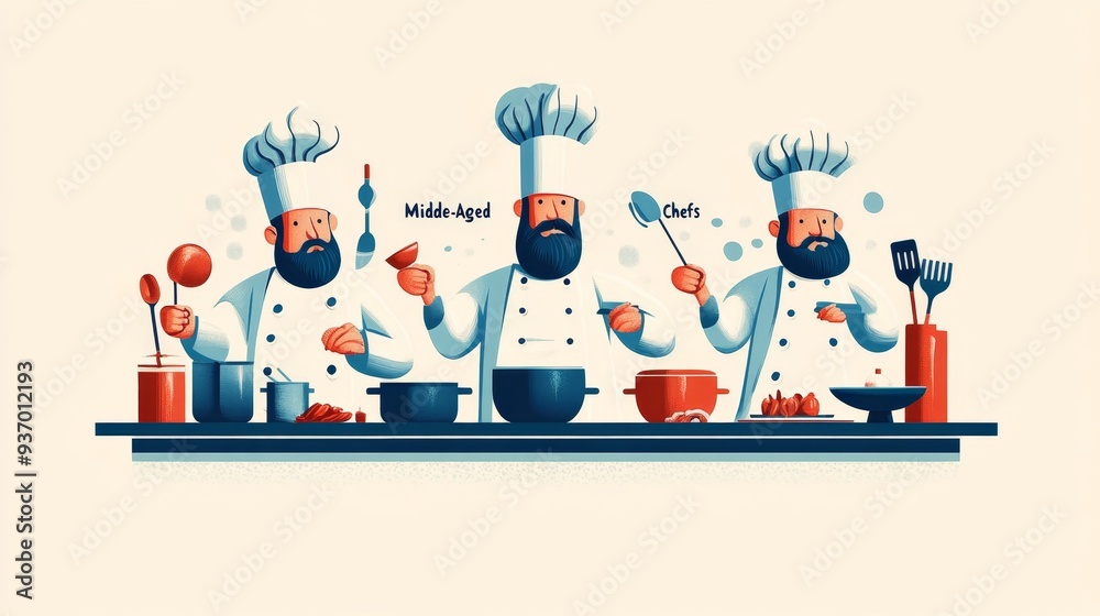 Three Chefs Cooking in a Kitchen Illustration Three Chefs Cooking in a Kitchen Illustration
