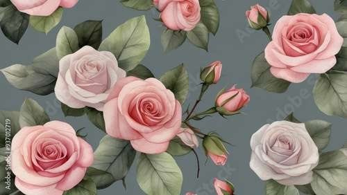 Watercolor Pink and White Roses with Green Leaves on a Grey Background