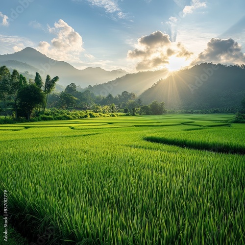 23080515 43 Fresh large green rice field on the morning landscape. AI generated image --v 6.1 Job ID: fad2d361-1137-40cb-9e4d-3ec9f1e17bcb photo