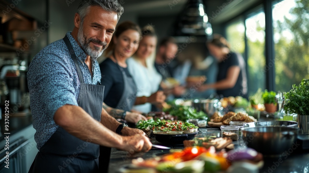 Chef preparing a meal in a kitchen with friends Chef preparing a meal in a kitchen with friends