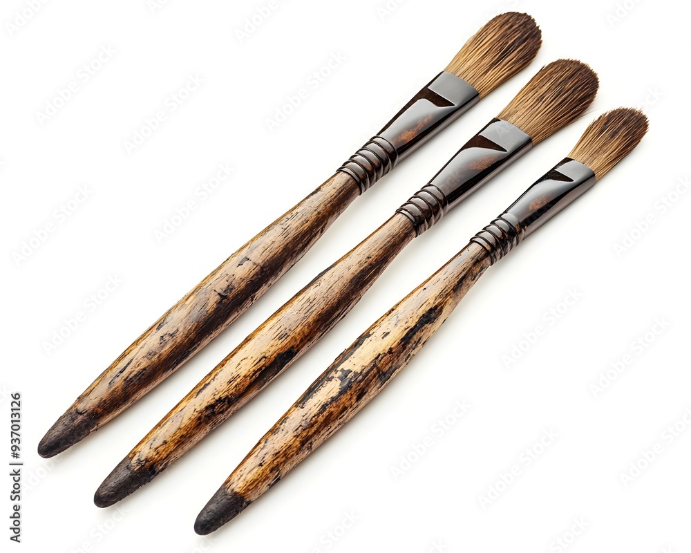 Set of three wooden handled brushes isolated on white background.