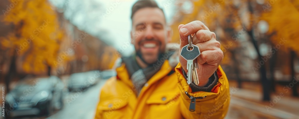 Obraz premium Happy Man Holding Car Keys, Smiling and Joyful, New Car Ownership, Automotive Keys, Keychain, Car Dealer, Used Car Sales, New Car Sales, Auto Industry, Car Ownership, Happy Customer, Car Buyer