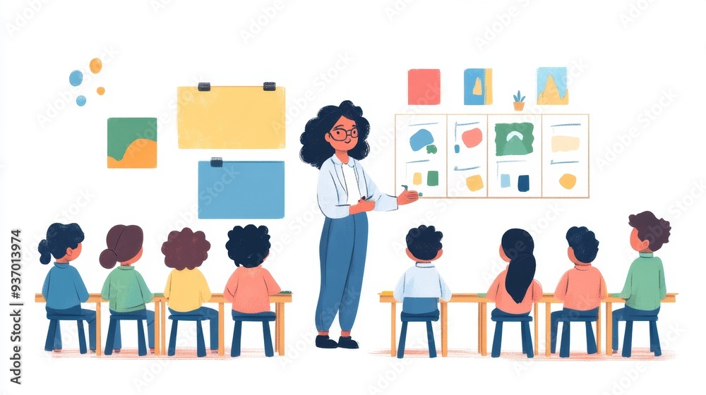 Diverse Group of Children Learning in a Classroom with Teacher