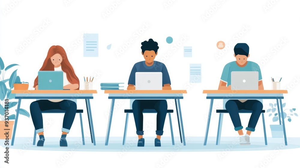 Diverse Students Working on Laptops at Desks Diverse Students Working on Laptops at Desks