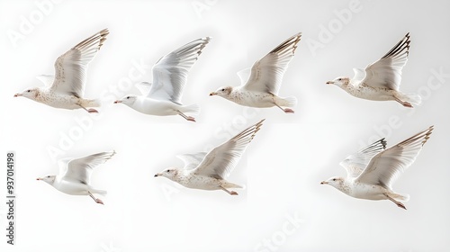 Seven Seagulls in Flight Against a White Background.