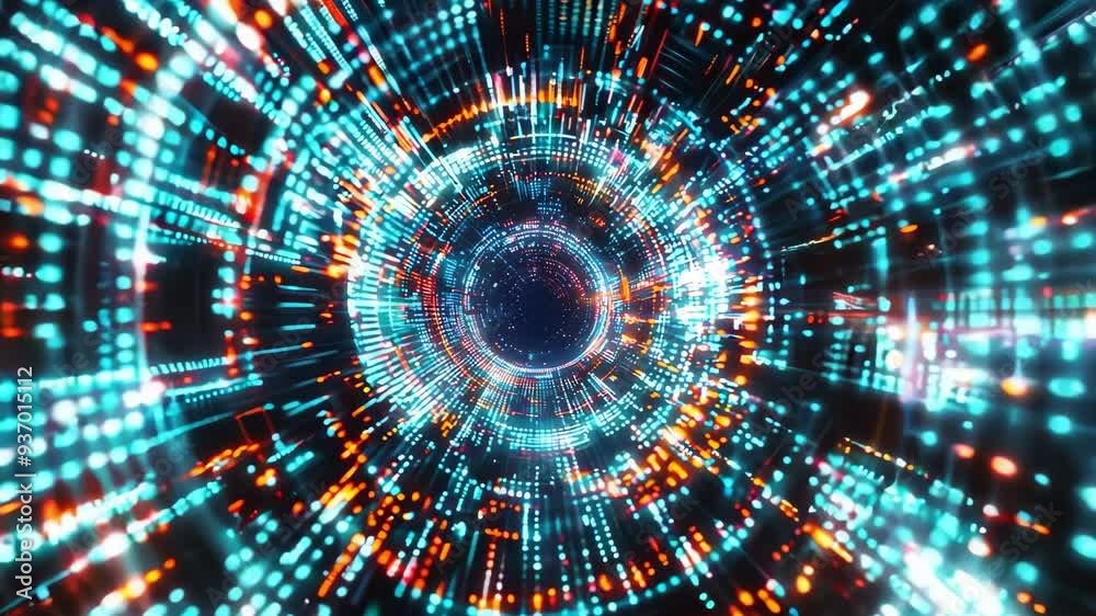 A vibrant tunnel of light showcasing dynamic blue and orange patterns, representing digital transformation and futuristic technology.