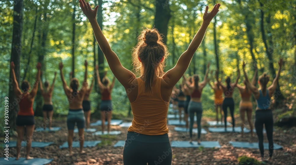 Yoga Class in the Forest  Women Practicing Yoga Outdoors  Fitness and Wellness  Group Yoga Session  Nature Retreat  Mindful Movement  Healthy Lifestyl