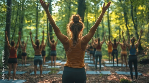 Yoga Class in the Forest  Women Practicing Yoga Outdoors  Fitness and Wellness  Group Yoga Session  Nature Retreat  Mindful Movement  Healthy Lifestyl photo