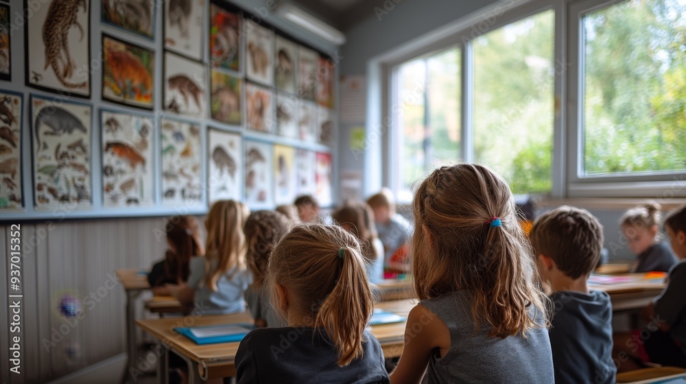 Back to School Classroom Setting with Kids and Educational Posters Back to School Classroom Setting with Kids and Educational Posters