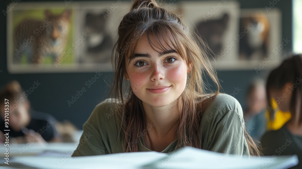Young Woman Student Studying in Classroom with Pictures on the Wall Young Woman Student Studying in Classroom with Pictures on the Wall
