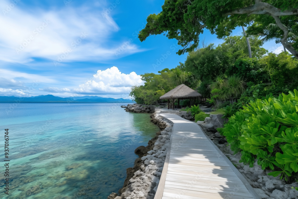 Serene tropical pathway along the coast with clear blue water, lush greenery, and a thatched hut under a bright sky Serene tropical pathway along the coast with clear blue water, lush greenery, and a thatched hut under a bright sky