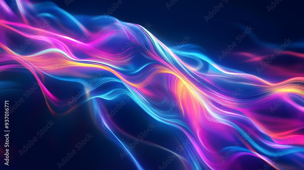 92. Dynamic, radiant ribbons in a gradient of neon colors creating a fluid wave effect 92. Dynamic, radiant ribbons in a gradient of neon colors creating a fluid wave effect