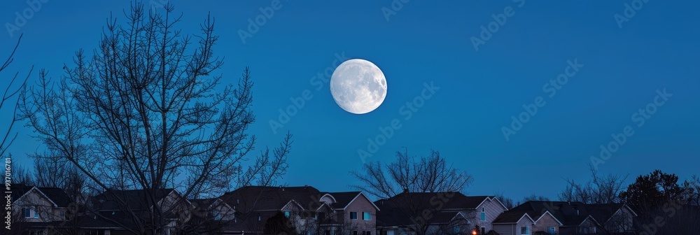 Naklejka premium Full moon illuminating residential homes beneath a bright blue sky with leafless trees in a spring setting.